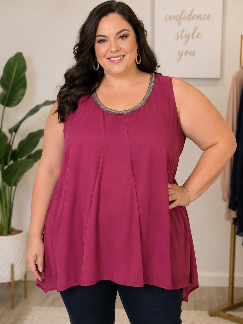 Alfani Beaded-Neck Sleeveless Tunic in Berry
